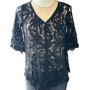Solitaire Sheer Lace Cardigan M Black Short Sleeve Button Up Top Floral Goth
